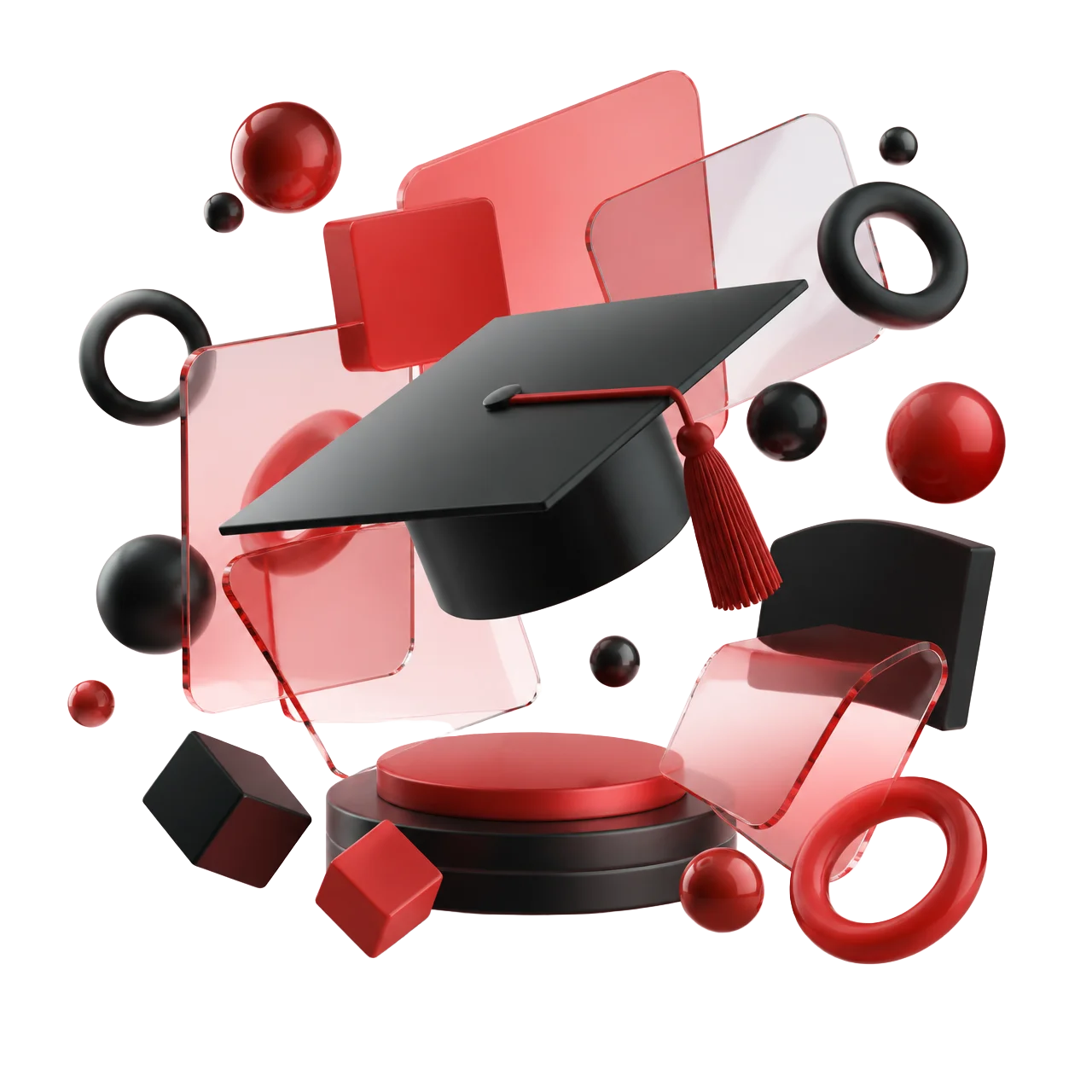 3D illustration of a graduation cap with floating glass panels and spheres
